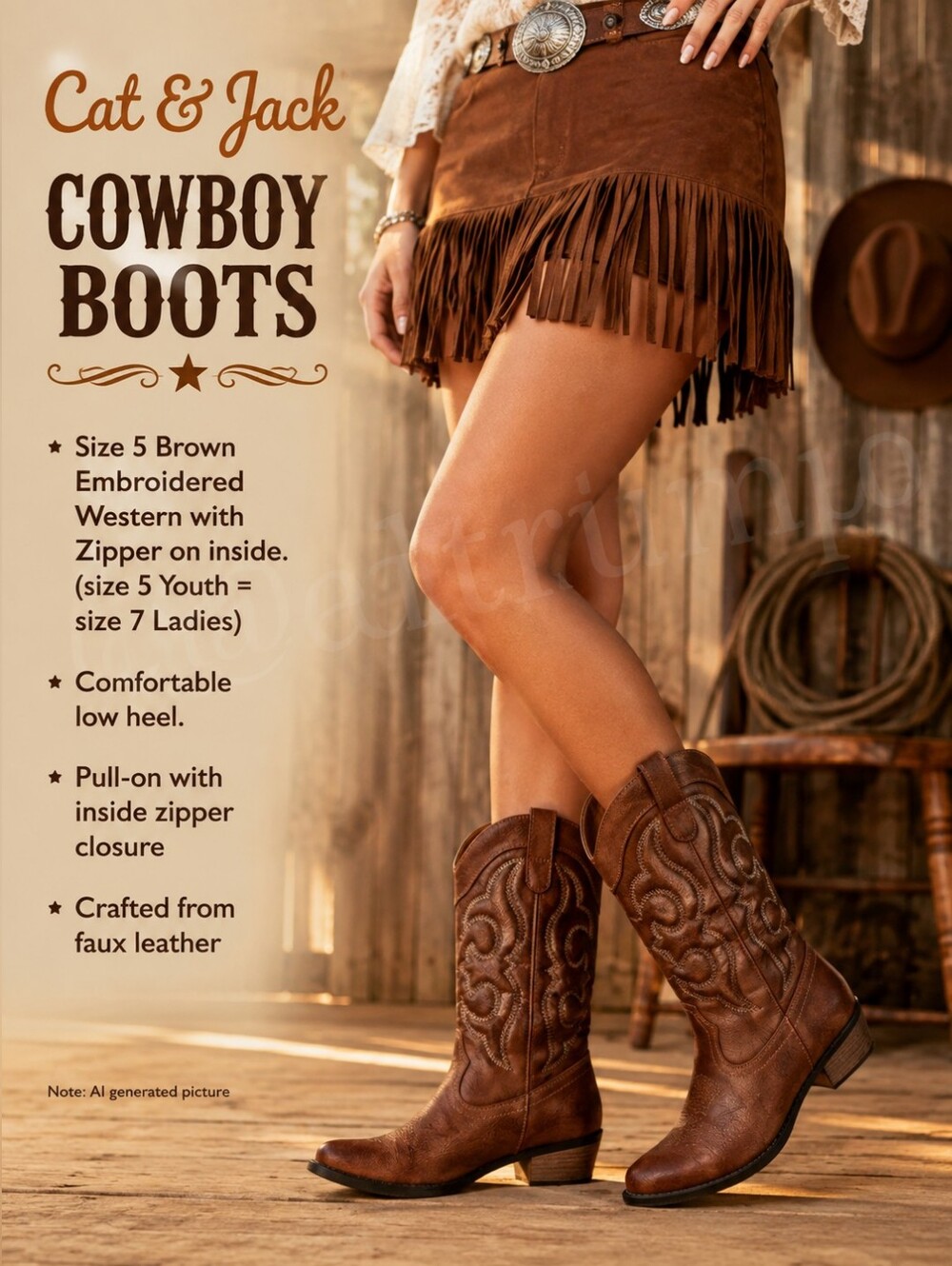 Youth Cat & Jack Cowboy Boots Size 5 Embroidered Western w Zipper